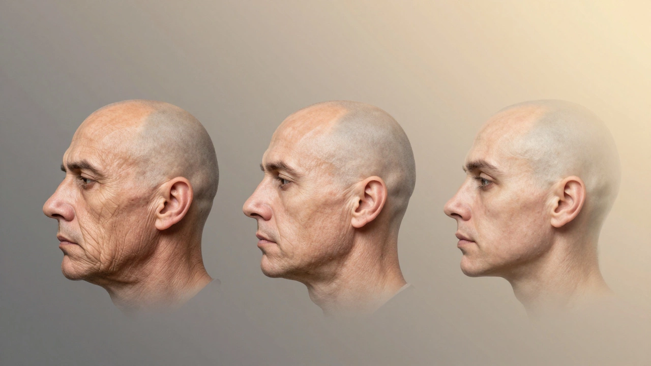 Три профиля лица: до, во время и после лифтинга, показывающие постепенное восстановление контуров.