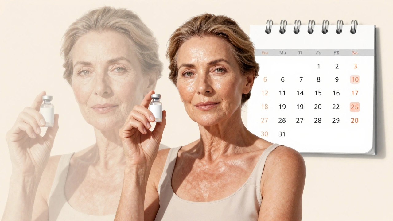 Женщина 50+ с омоложенной кожей стоит на солнце, её лицо гладкое и сияющее, без следов старения.