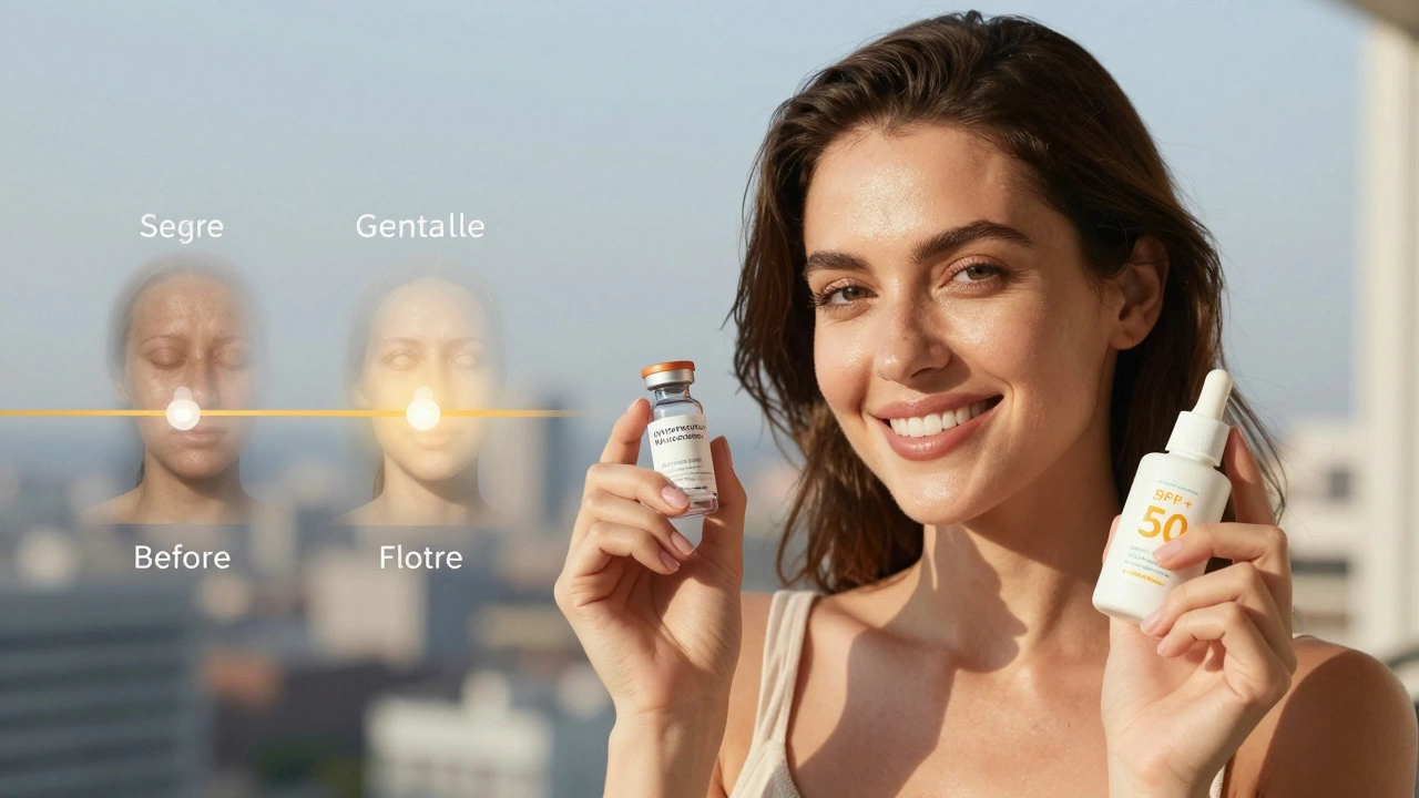 Женщина улыбается, держит флакон гиалуроновой кислоты и солнцезащитный крем, кожа сияет, за ней — временная шкала омоложения.