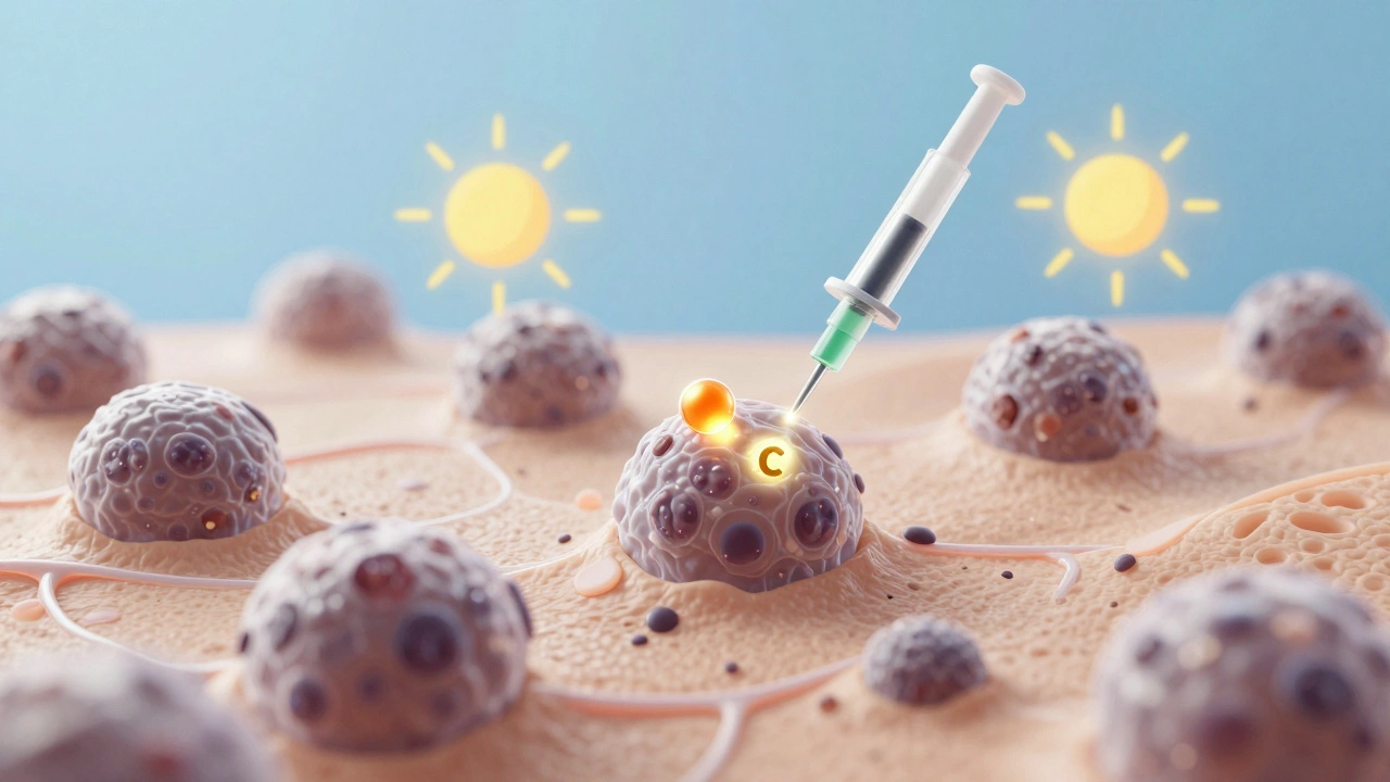 Абстрактное изображение клеток кожи, где меланин подавляется молекулами витамина С и глутатиона под защитой SPF.