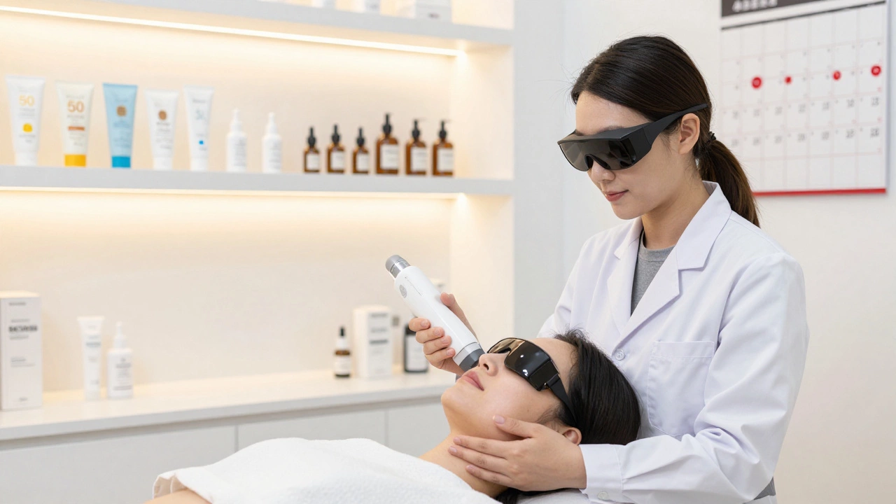 Дерматолог настраивает пикосекундный лазер в косметологической клинике, рядом сыворотки и кремы