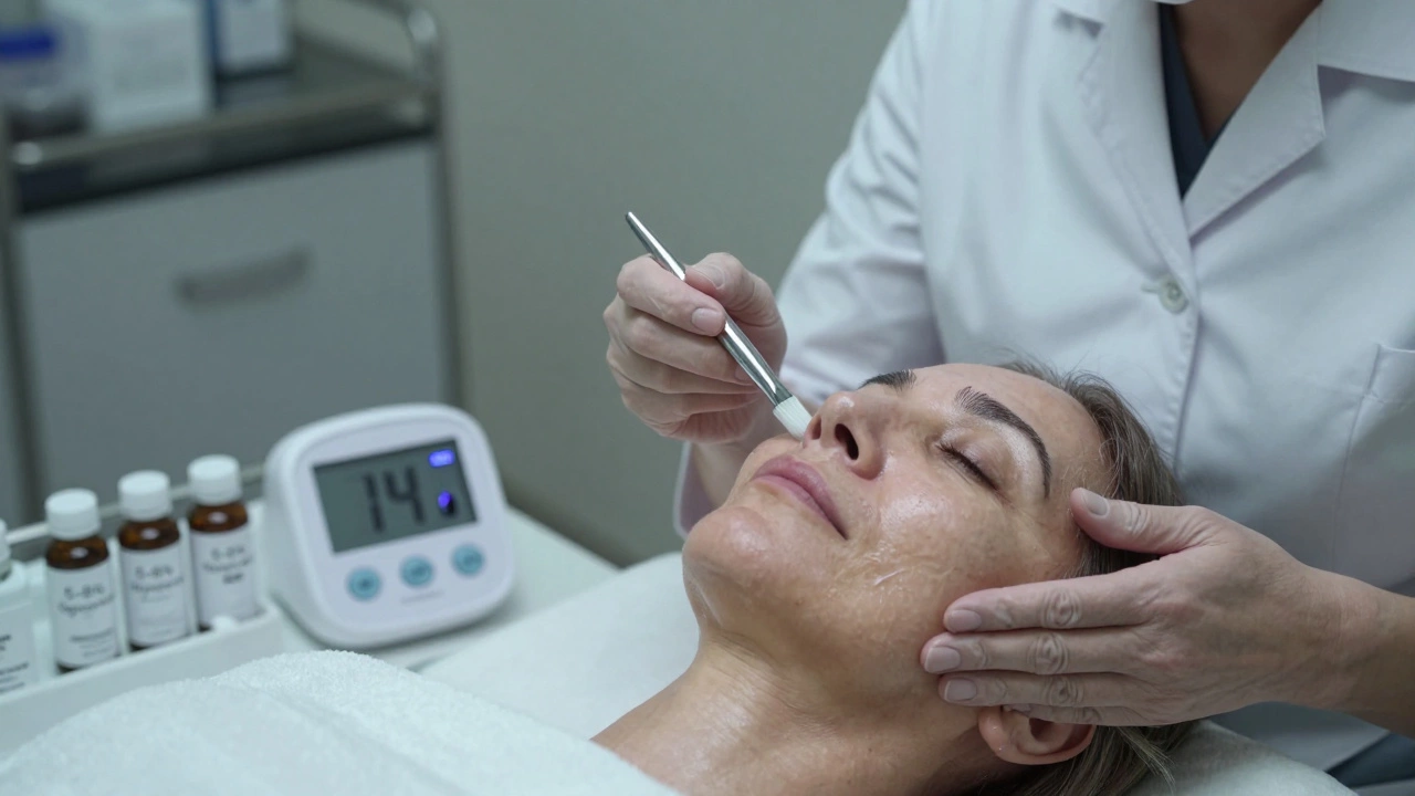 Косметолог аккуратно наносит гликолевый пилинг низкой концентрации на лицо пациентки в клинике.