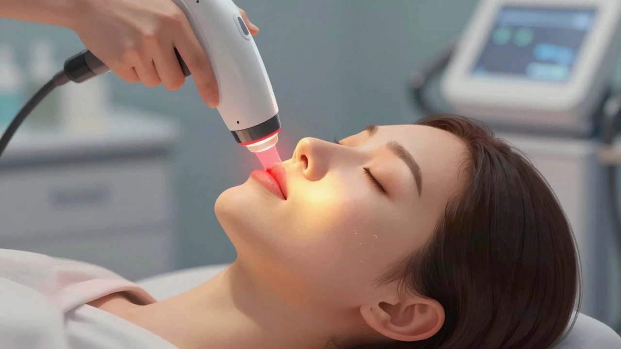 Лицо, омываемое мягким красным лазерным светом, стимулирующим выработку коллагена.