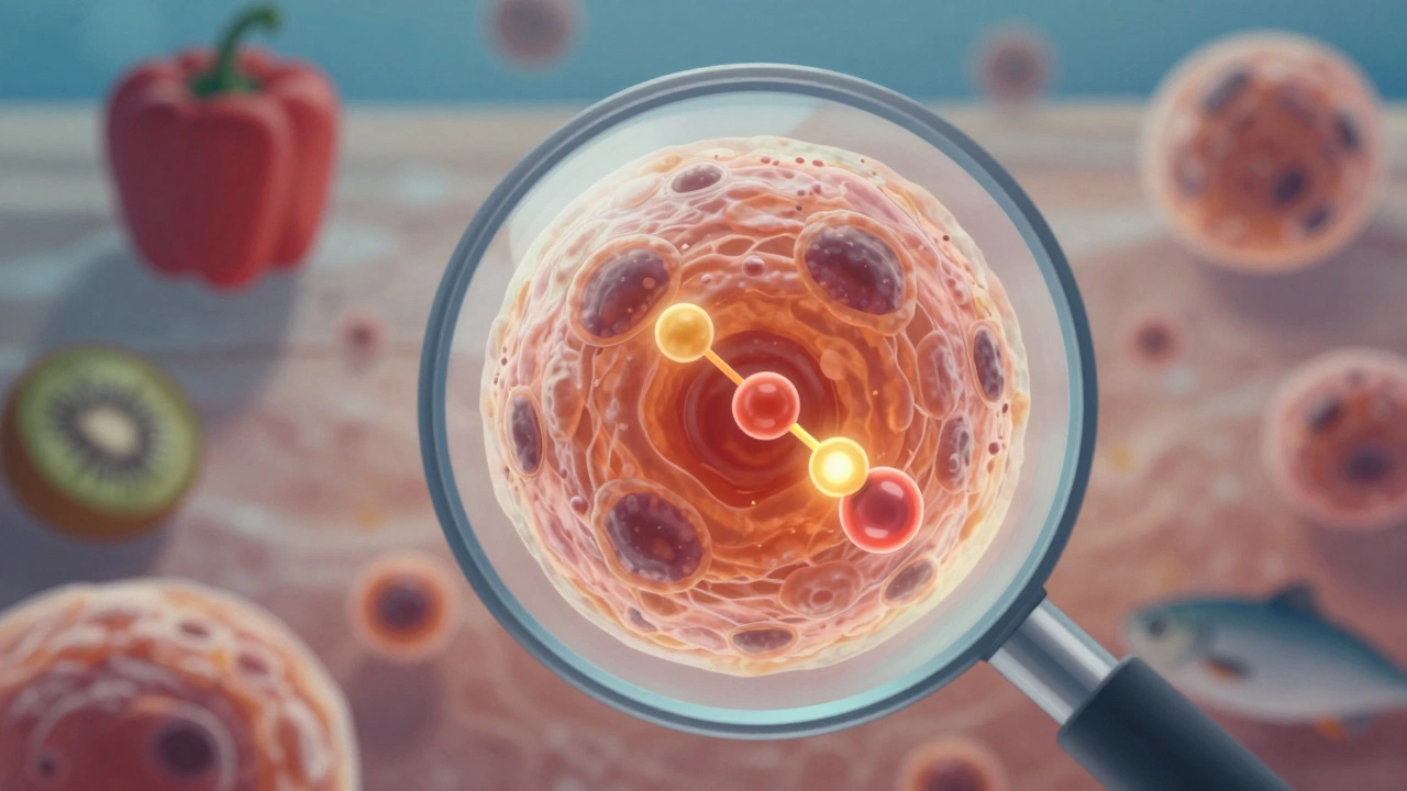 Микроскопическое изображение клетки кожи с витамином С, блокирующим фермент меланина.