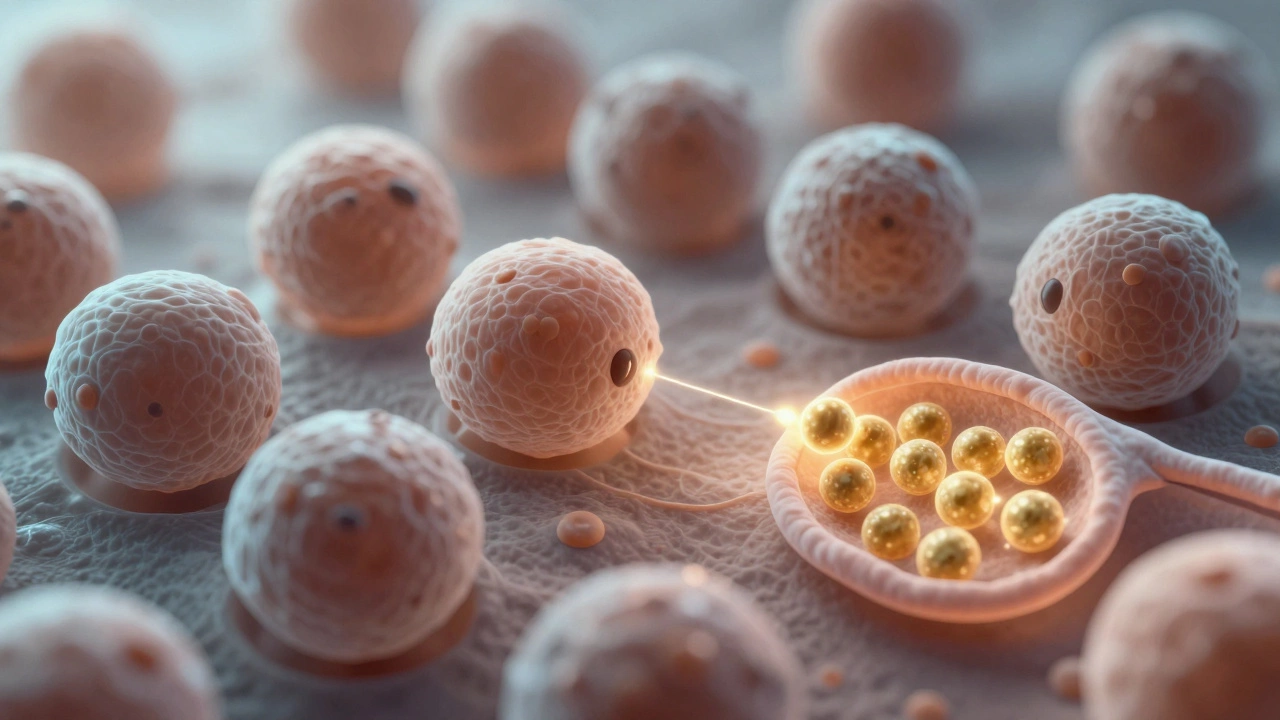 Микроскопическое изображение клеток кожи: меланоциты под контролем витамина Д, золотые молекулы регулируют пигментацию.