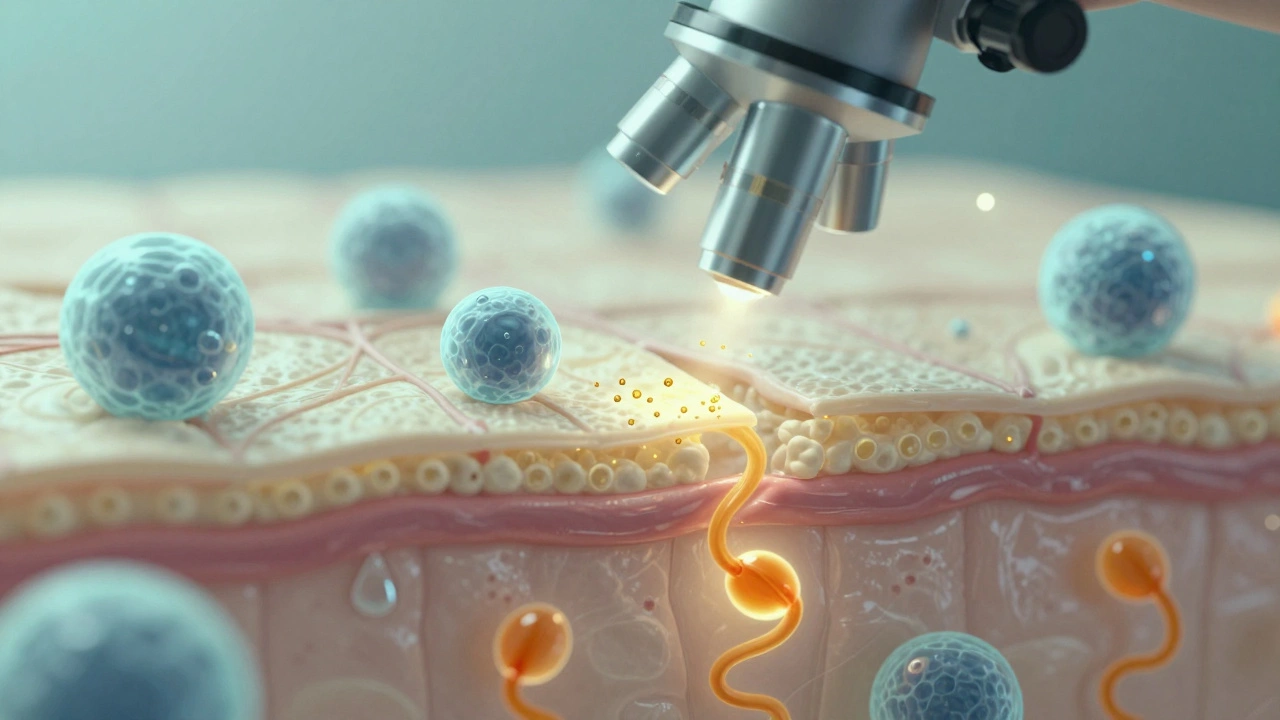 Микроскопическое изображение кожи: коллаген восстанавливается, пептиды и гиалуроновая кислота активно работают в клетках.