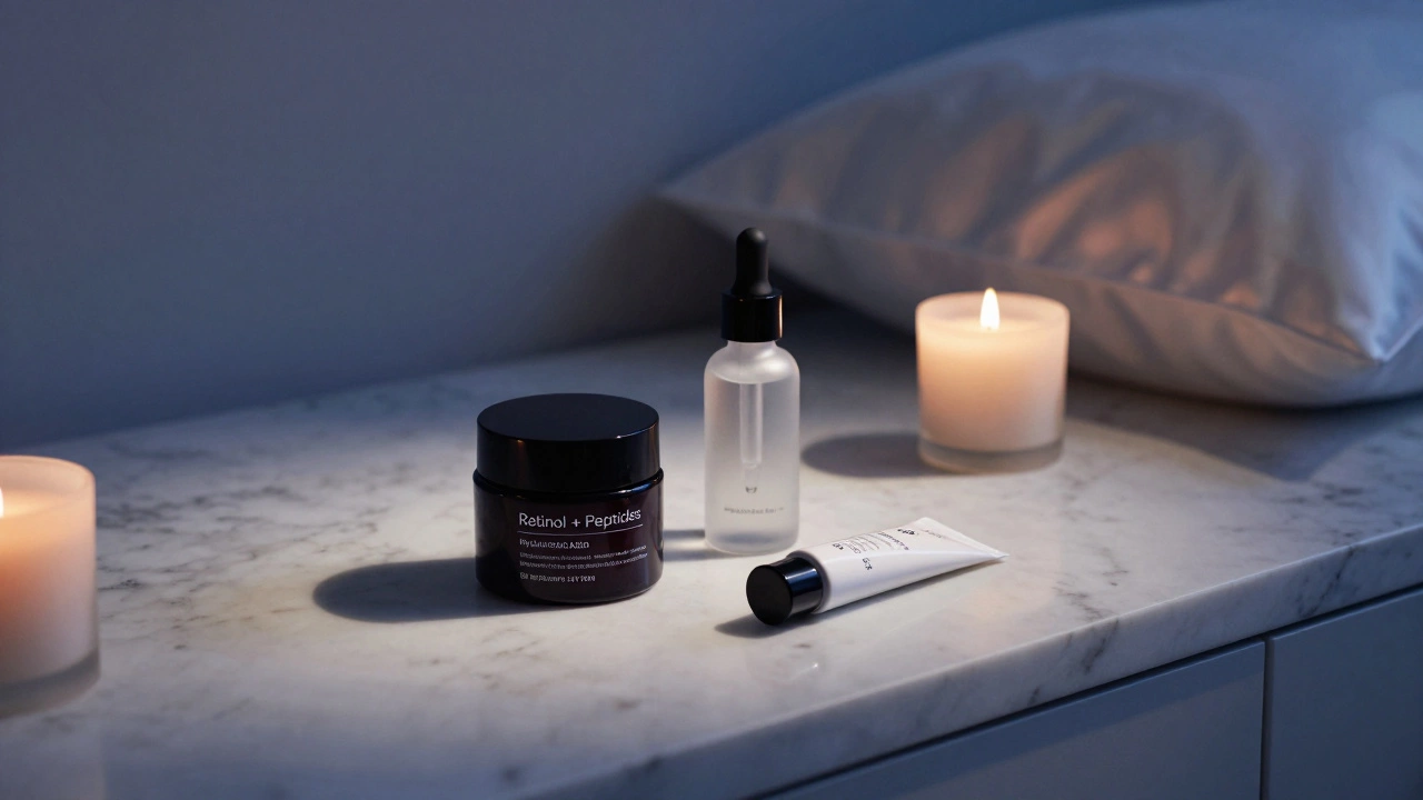 Ночной уход за кожей: крем с ретинолом, сыворотка и SPF на мраморной поверхности, мягкий свет свечи.