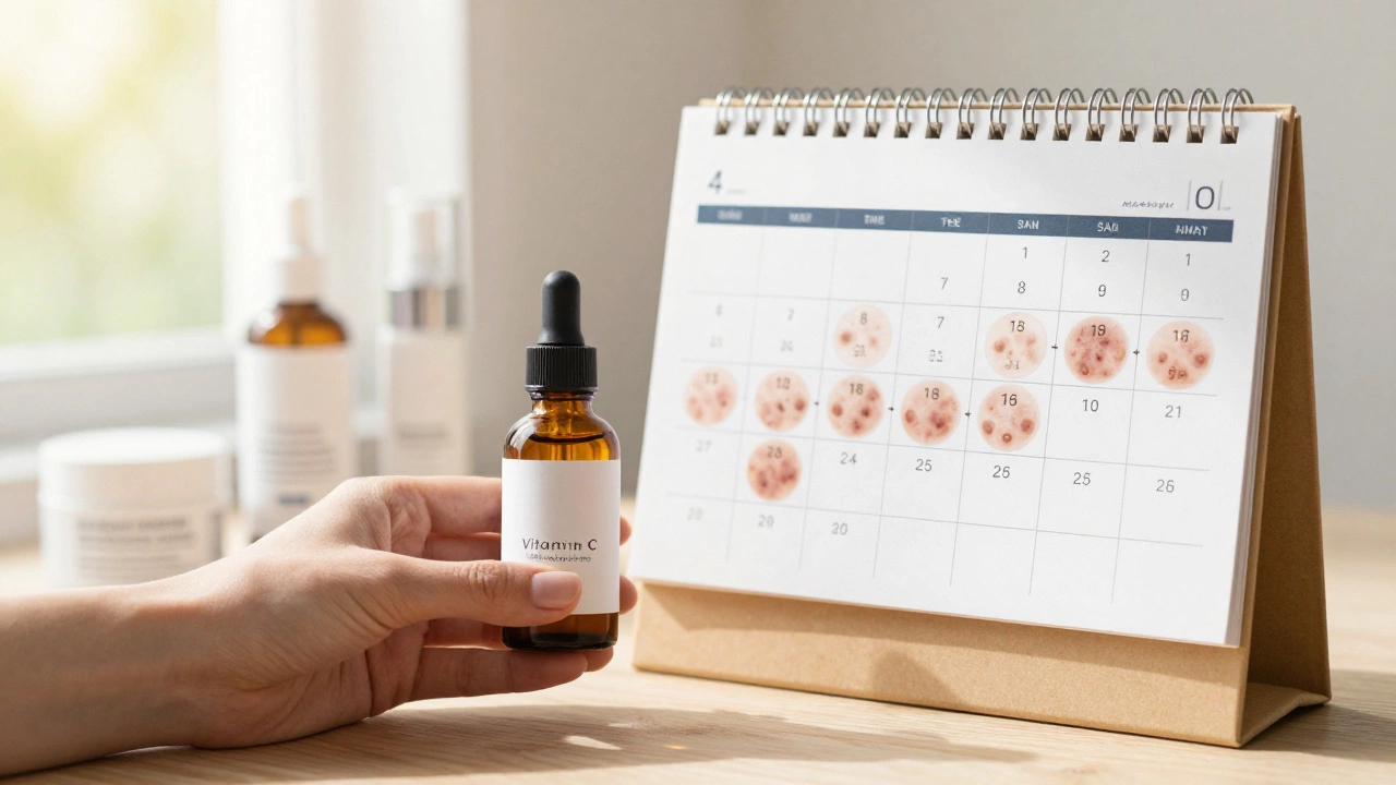 Рука с сывороткой витамина С и календарем с отметками курса лечения постакне