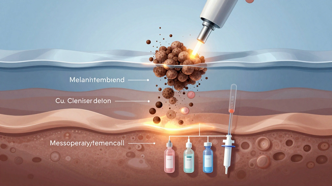 Схематичное изображение трёх методов удаления пигментации: лазер, пилинг и мезотерапия в слоях кожи.
