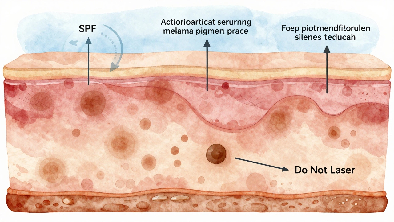 Схематичный разрез кожи с пигментом, факторами лечения и защитой от солнца