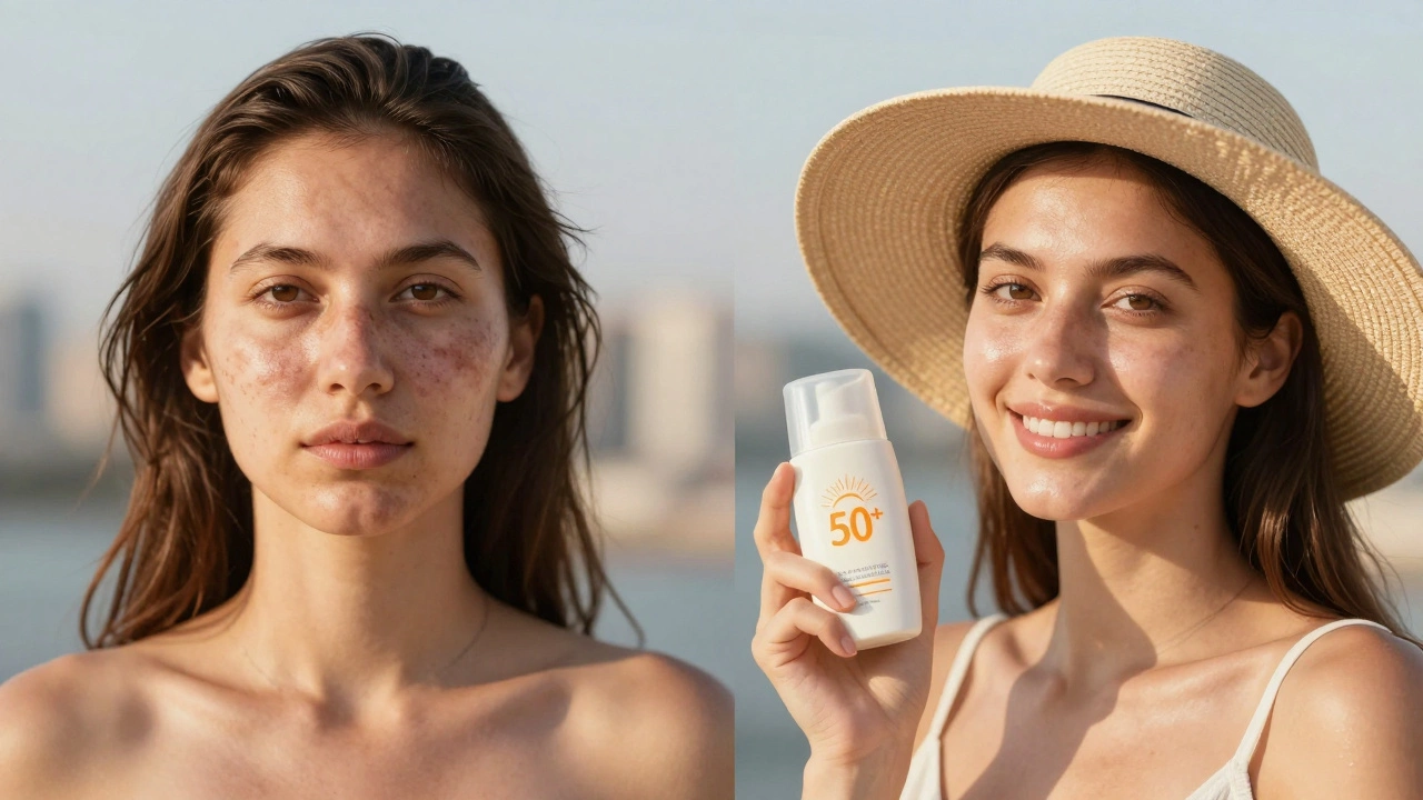 Сравнение до и после: темные пятна на лице и светлая, здоровая кожа под мягким солнечным светом.