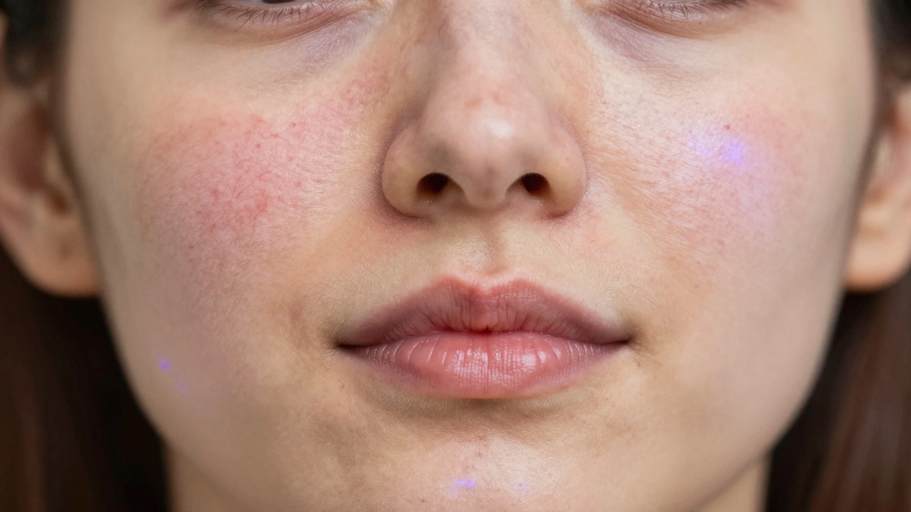 Сравнение лица до и после лазерной терапии купероза: слева — красные сосуды, справа — спокойная кожа.