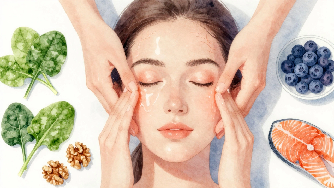 Женщина делает массаж лица пальцами, вокруг — полезные для кожи продукты.
