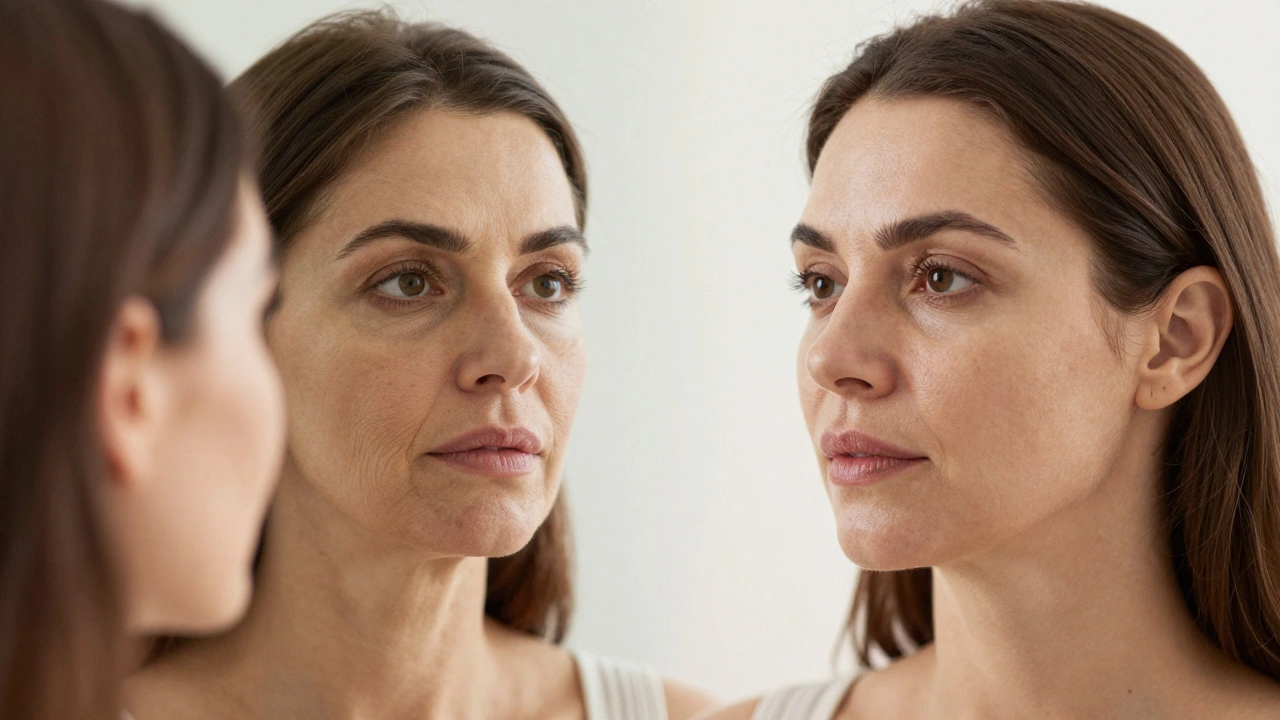 Женщина смотрит в зеркало: одна половина лица — естественное старение, другая — коррекция без операции.