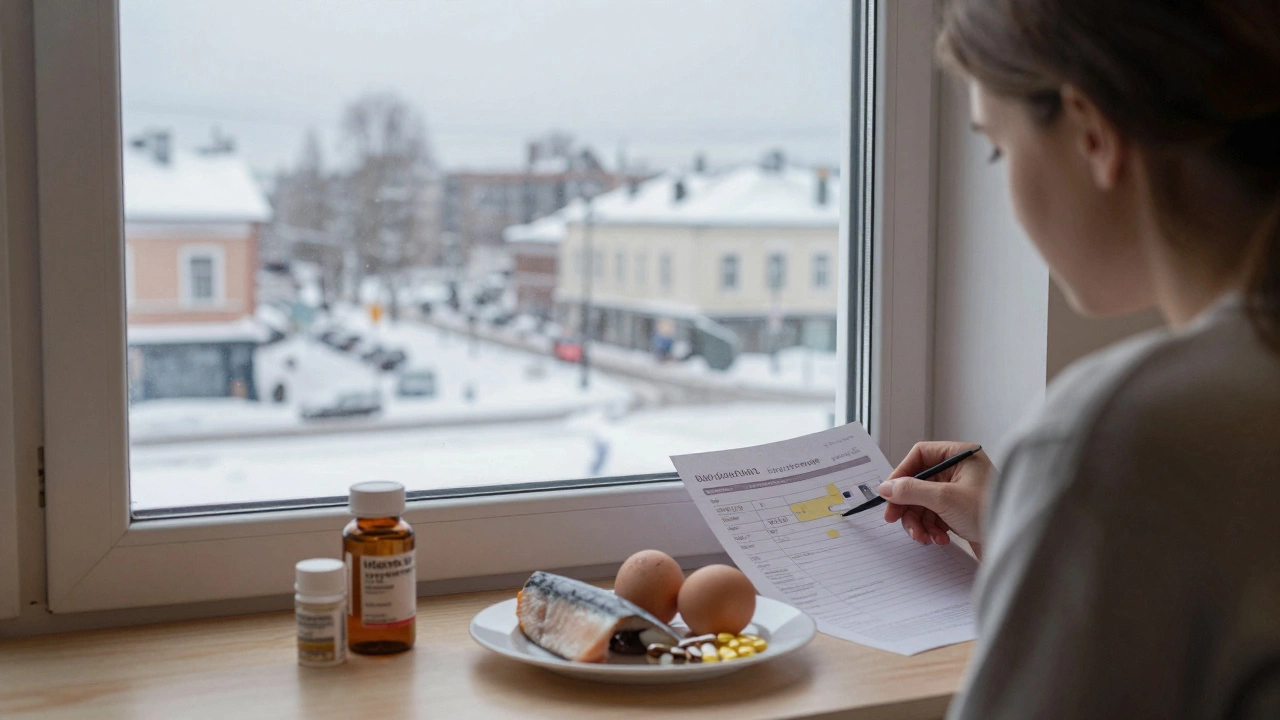 Женщина в зимнем интерьере с анализами и продуктами, богатыми витаминами D и B12.