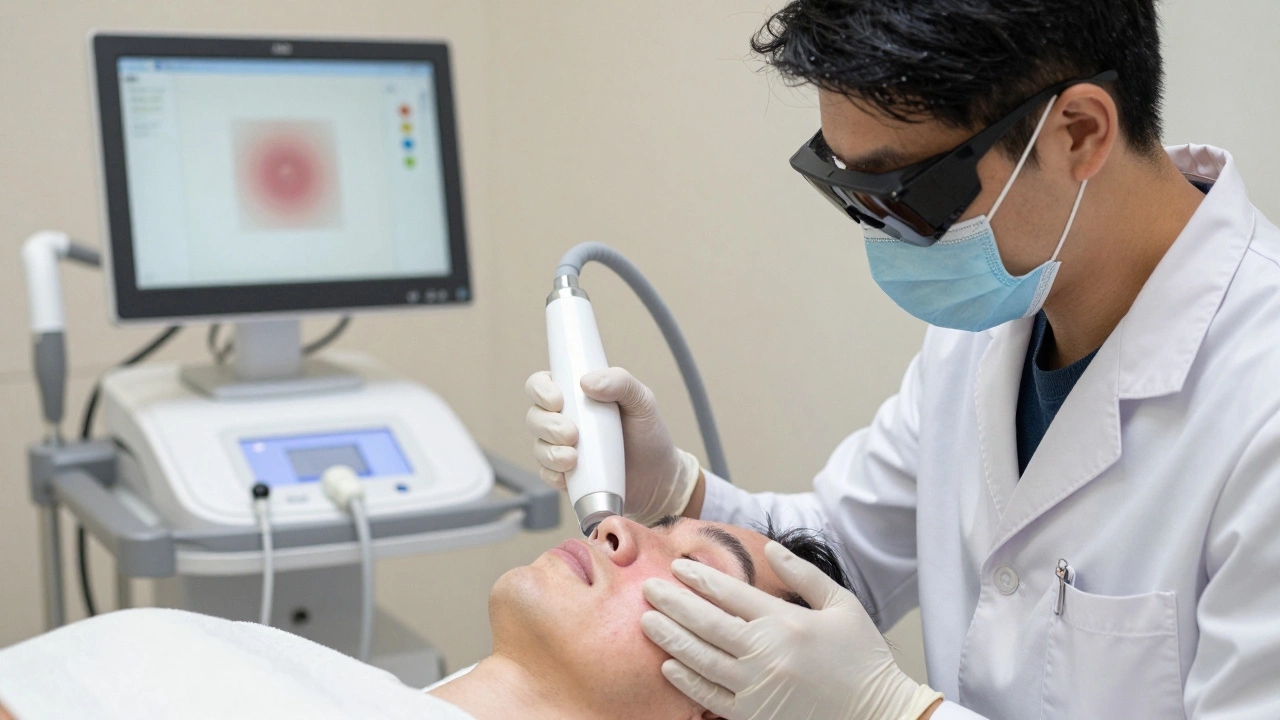 Дерматолог проводит лазерную процедуру для удаления пигментации.