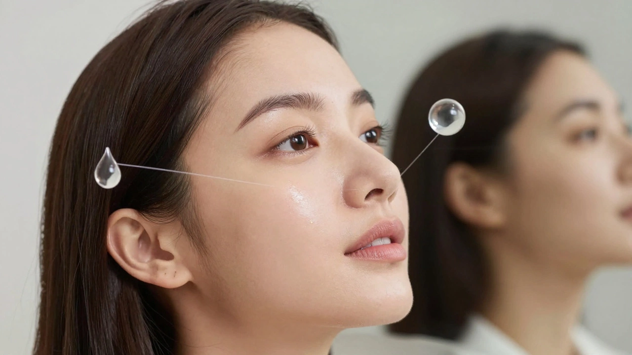 Лицо женщины после ухода — сияющее, подтянутое, без излишнего объема, с символами уколов, растворяющимися в коже.