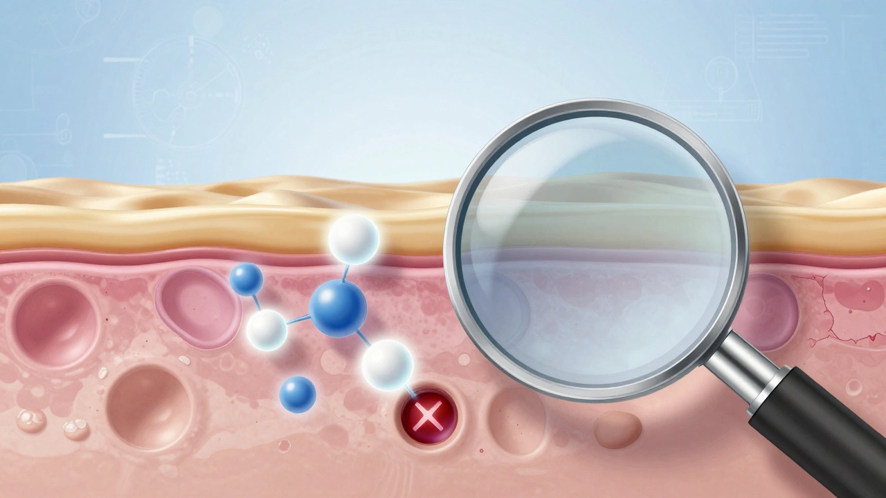 Микроскопический вид кожи: активные молекулы проникают в дерму, стимулируя коллаген, поврежденные клетки на фоне.