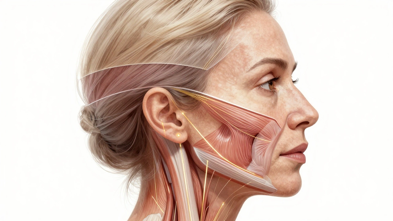 Профиль лица женщины с прозрачными слоями кожи, подкожной клетчатки и мышц, поддерживаемыми биостимулирующими нитями и коллагеном.