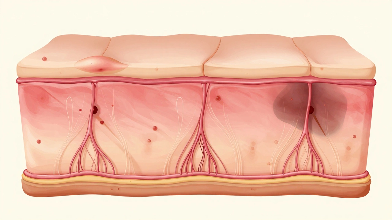 Разрез кожи, показывающий три типа постакне: рубцы, вмятины и темные пятна, с восстановлением коллагена.