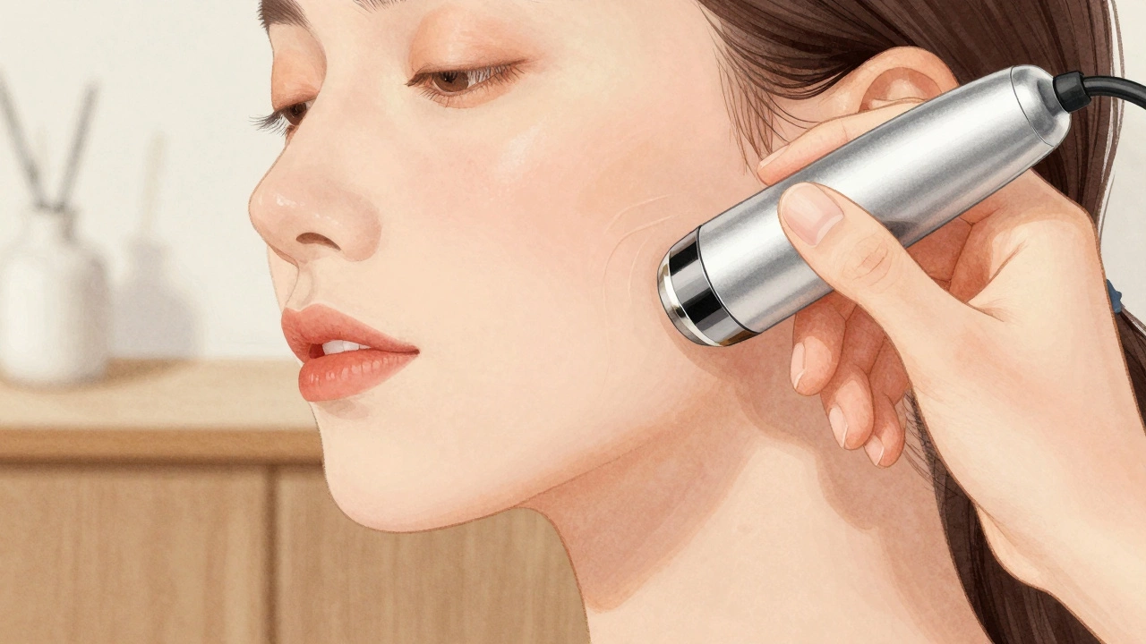 Рука с микротоковым устройством на щеке, эффект подтяжки кожи, минималистичный интерьер