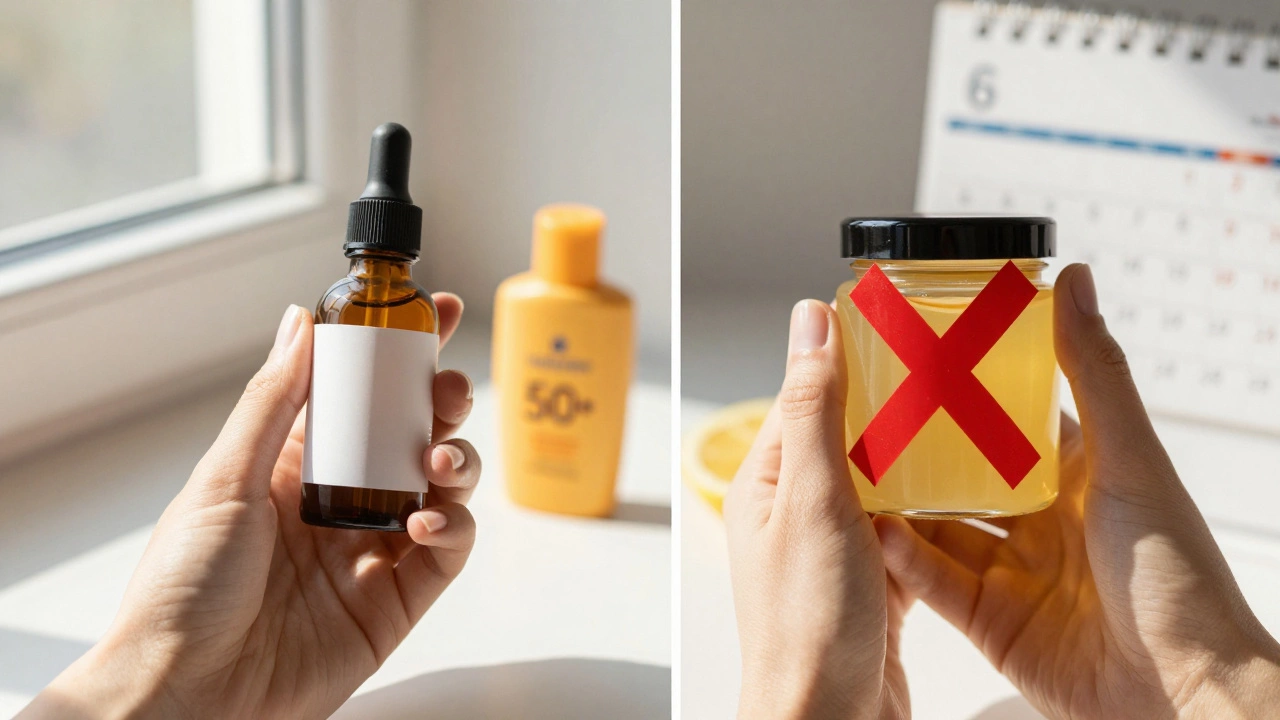 Руки держат эффективные сыворотки с ретинолом и витамином С рядом с запрещёнными средствами — мёдом и лимонным соком.