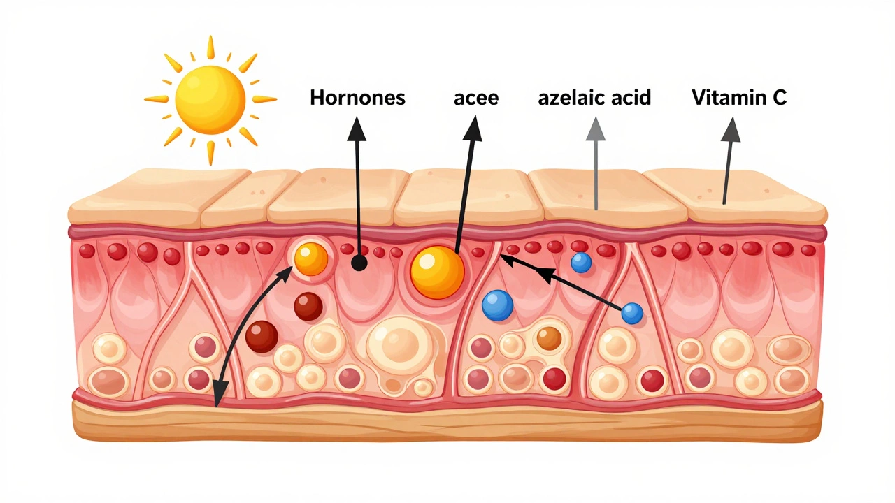Схема кожи с клетками, вырабатывающими меланин под воздействием солнца, гормонов и воспаления.