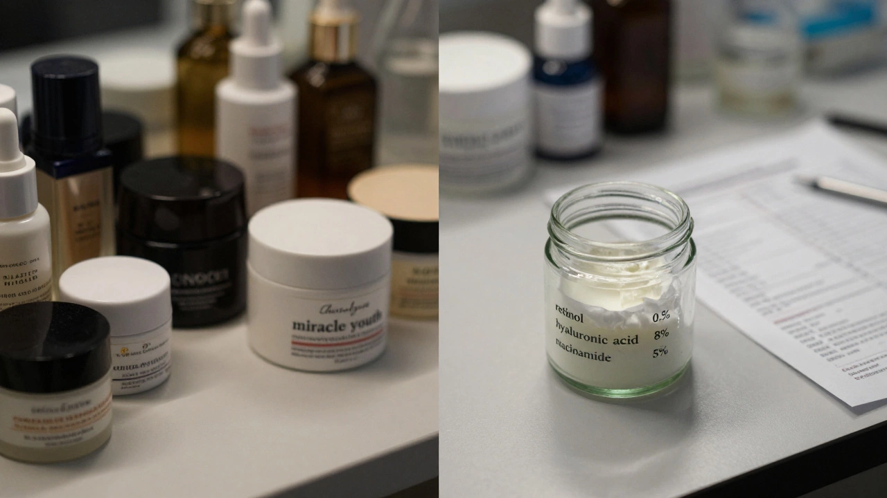 Сравнение: дорогие косметические банки с расплывчатыми обещаниями слева и чистый состав с четкими концентрациями справа.