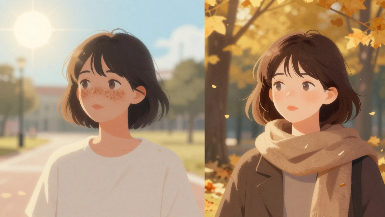 Сравнение летнего и осеннего состояния кожи: пятна темнеют на солнце и светлеют в холодное время.