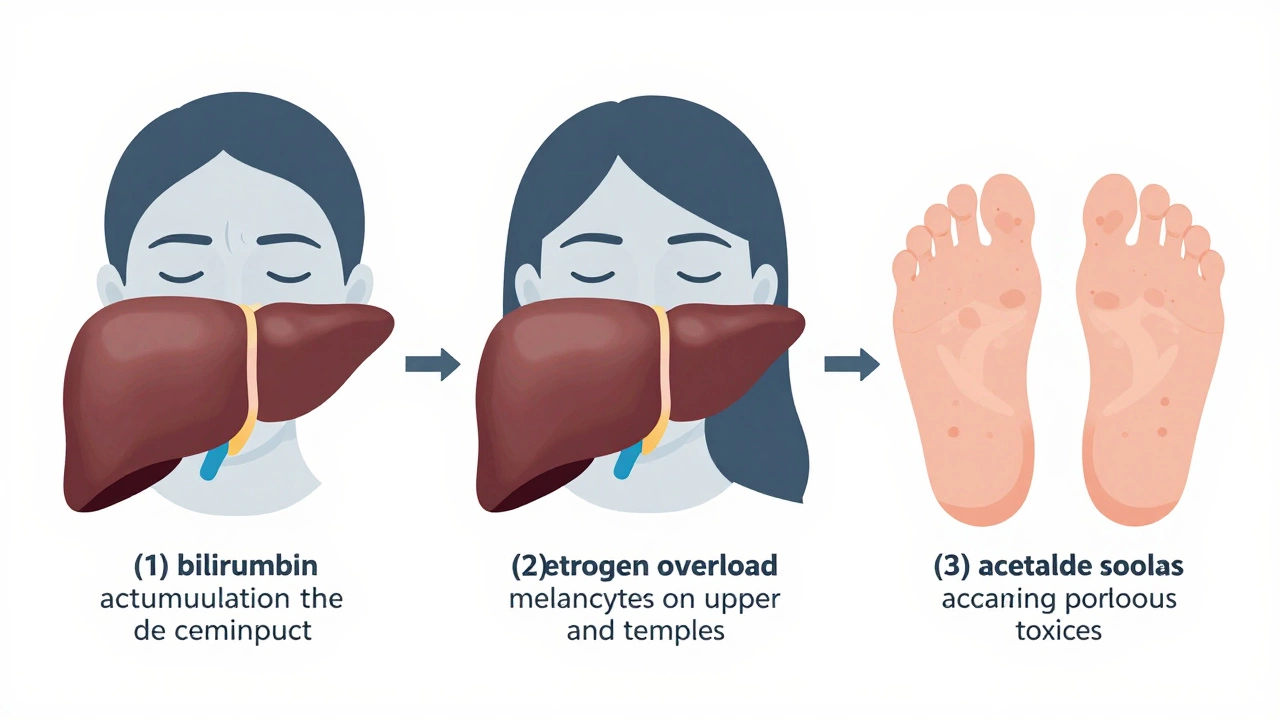 Три механизма пигментации кожи, вызванной печенью: накопление билирубина, избыток эстрогенов и токсины от алкоголя, изображенные как визуальные потоки.