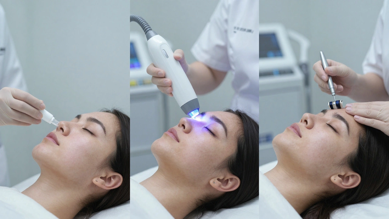 Три сцены лечения следов от прыщей: пилинг, лазер и микронейдлинг в клинической обстановке.