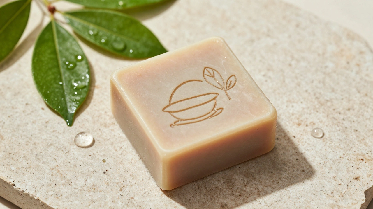 Твердый шампунь без упаковки на деревянной поверхности с листьями, экологичный дизайн