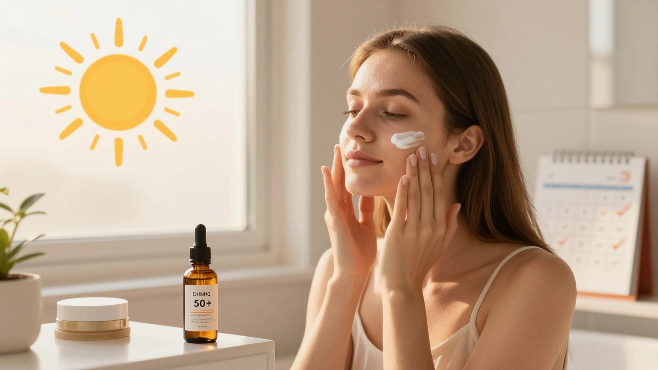 Утренний уход за кожей: солнцезащитный крем, сыворотка с витамином С и ретинолом на фоне окна.