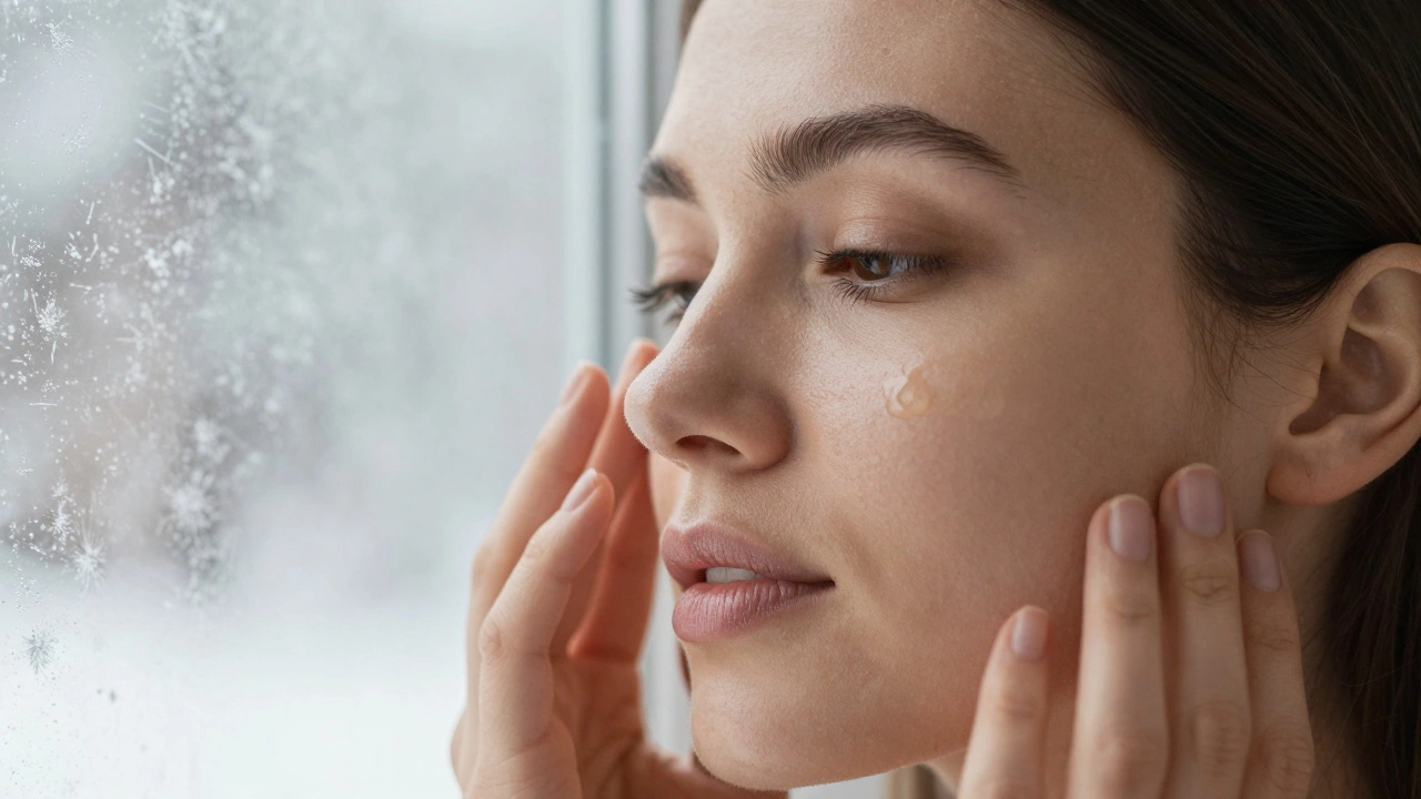 Женщина наносит сыворотку с витамином С и ниацинамидом зимой, кожа становится равномерной и светлее.