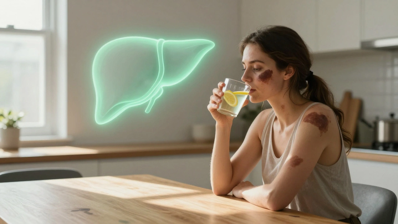 Женщина пьет воду с лимоном утром, за ней — прозрачное изображение здоровой печени, светящейся зеленым, а пигментные пятна на лице светлеют.