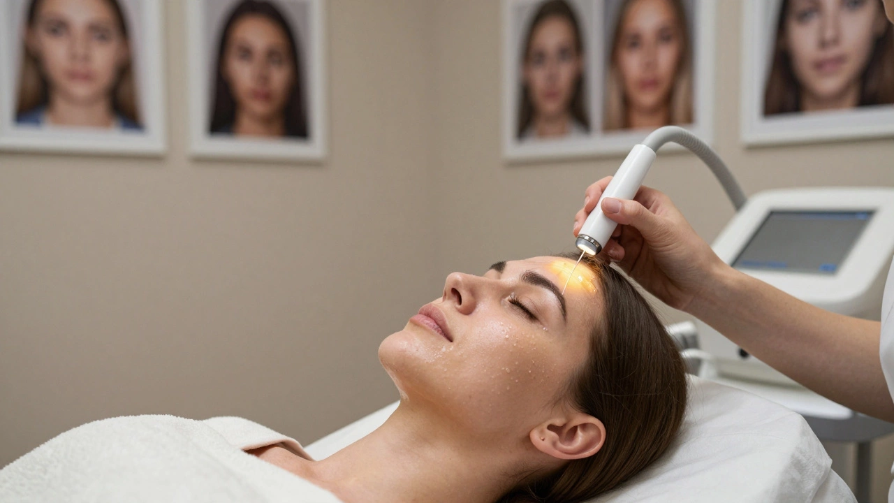 Женщина проходит процедуру RF-микронидлинга в клинике, видны иглы и тепловые импульсы под кожей.