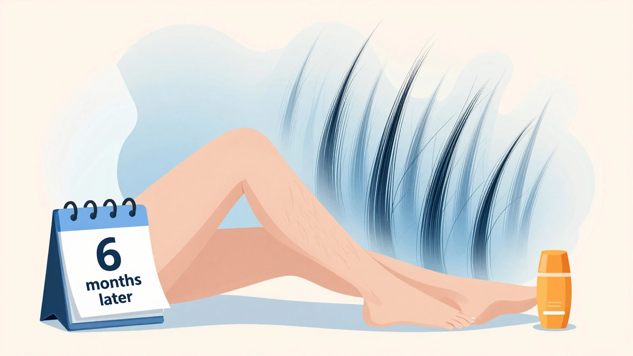 Женщина с тонкими волосами на ноге после лазерной депиляции, вокруг — силуэты исчезающих волос.