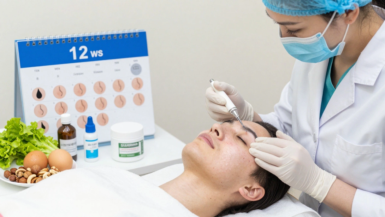 Косметолог проводит химический пилинг в клинике, на фоне календаря прогресса и средств для ухода