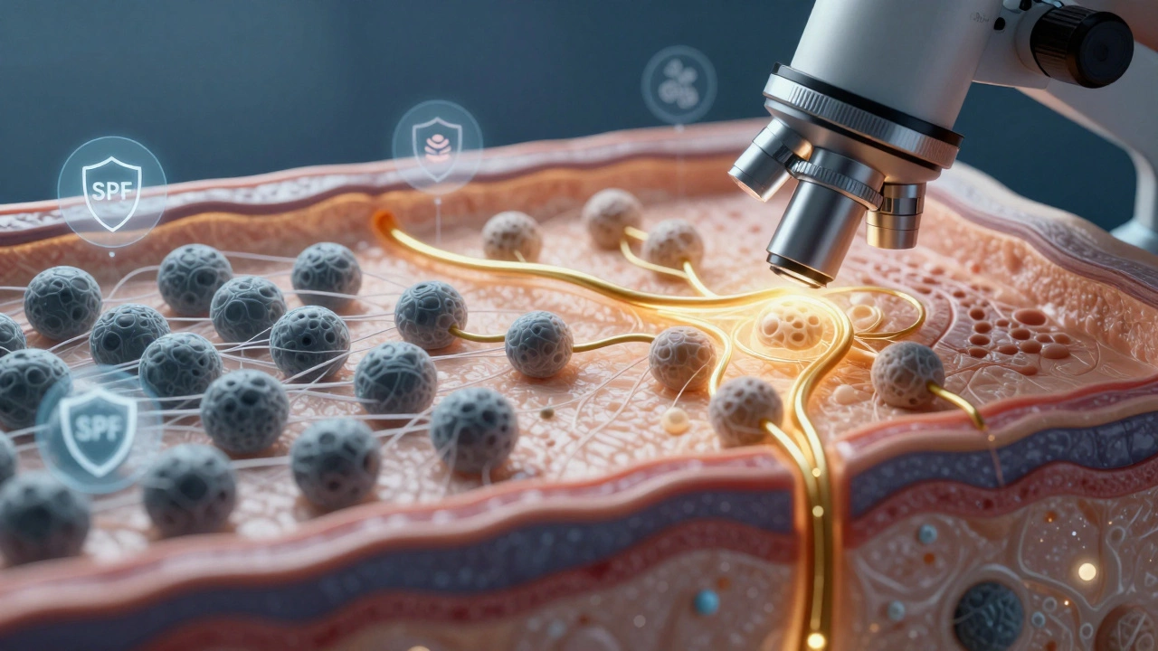 Микроскопический вид кожи: активные клетки вырабатывают коллаген, перегруженные клетки в тусклых тонах.