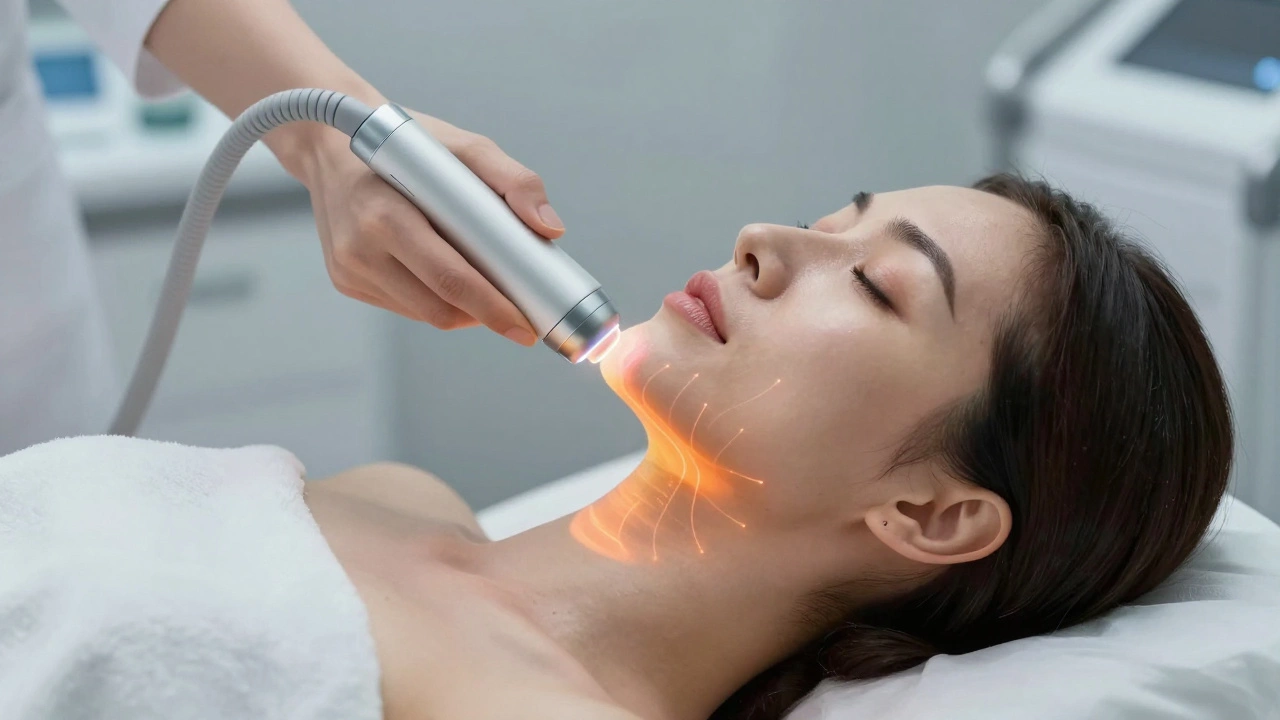 Процедура радиочастотного лифтинга, где тепло проникает в глубокие слои кожи для стимуляции коллагена.