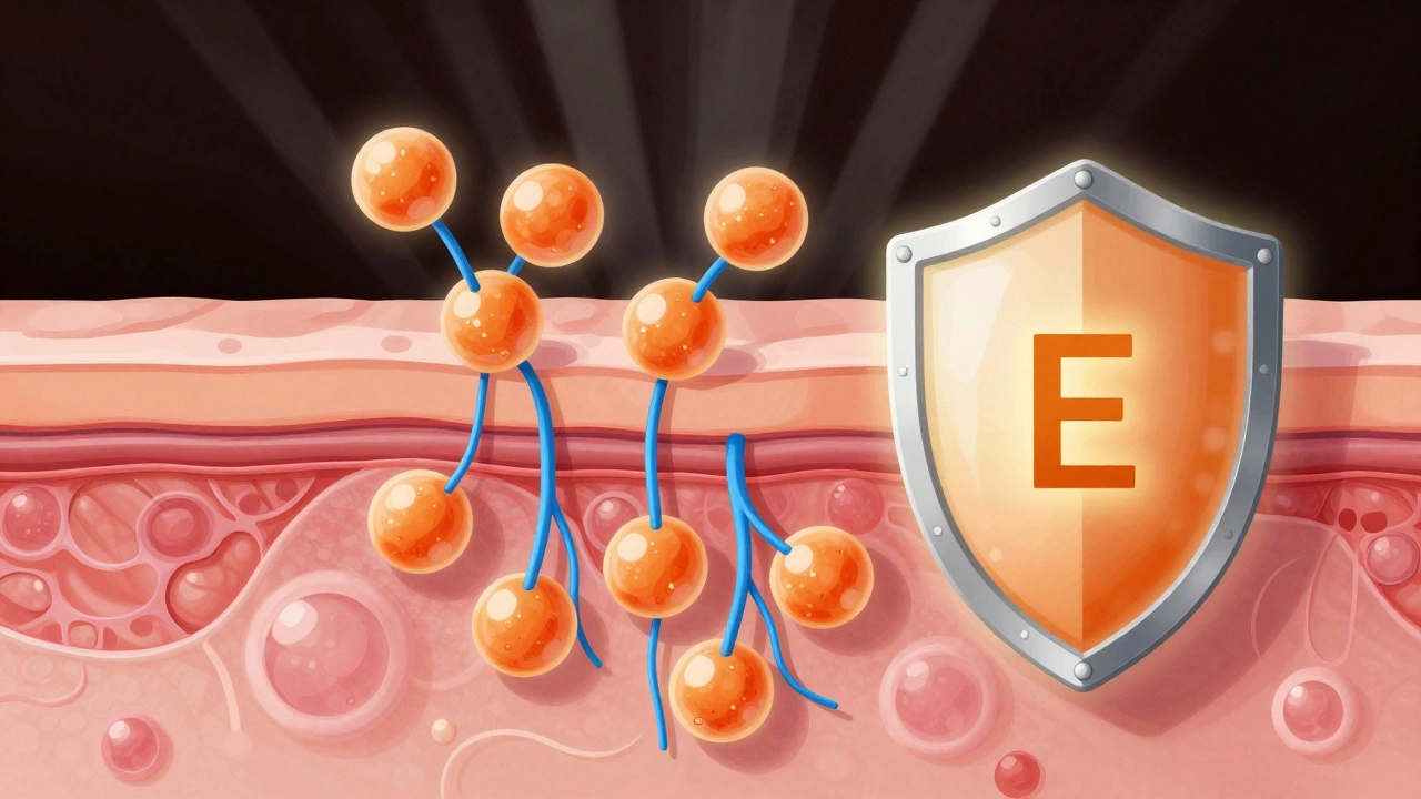 Разрез кожи: молекулы витамина С стимулируют коллаген, вокруг — защитный щит витамина Е и феруловой кислоты.