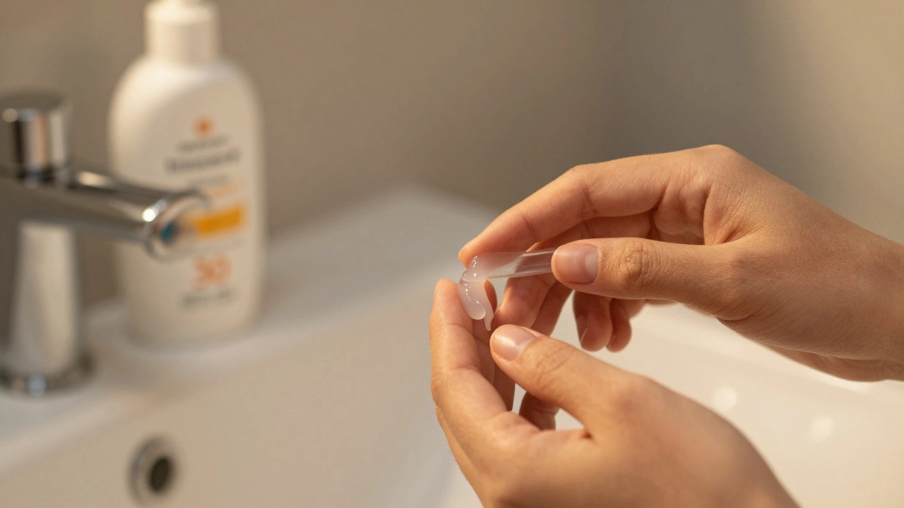 Рука наносит легкий гель на лицо, рядом — бутылочка с SPF и пометкой 'non-comedogenic', акцент на бережном уходе.