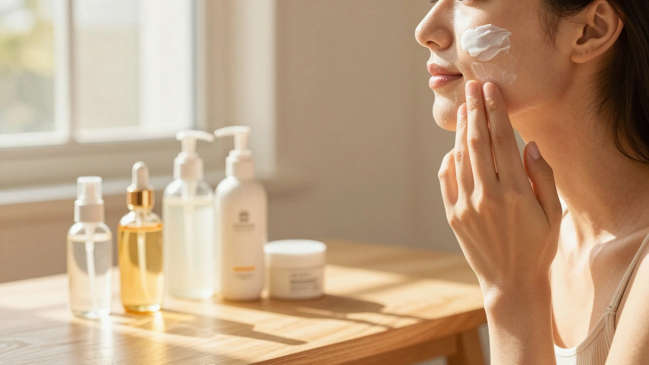 Руки наносят увлажняющий крем на кожу лица в свете солнца через окно.