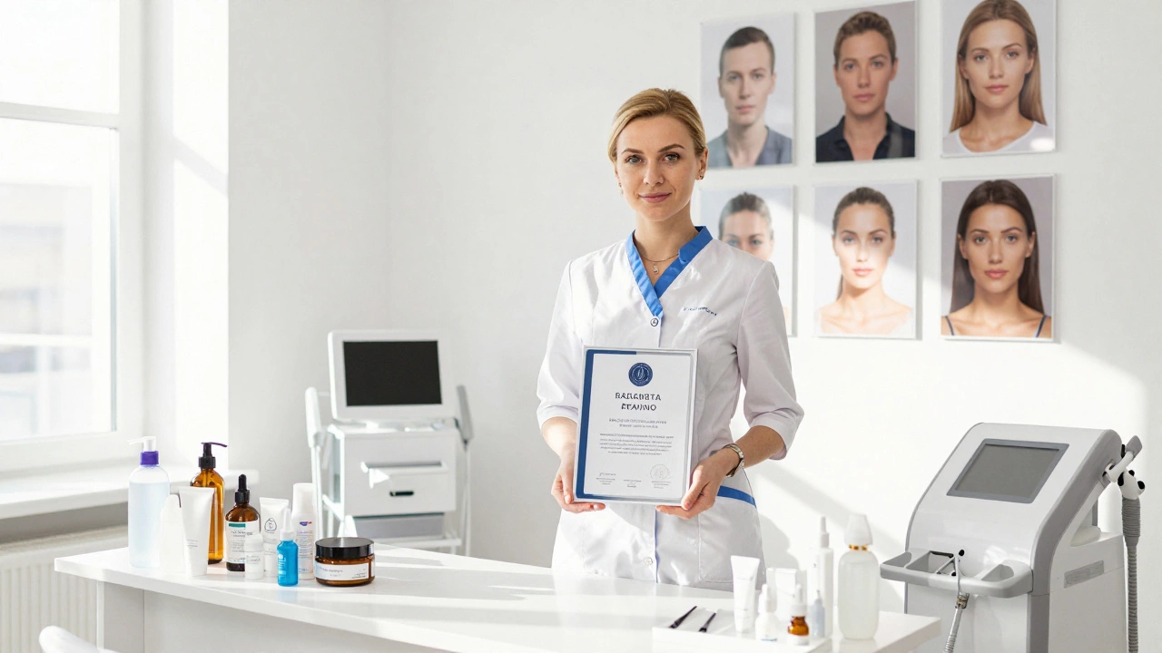 Сертифицированный специалист по эстетической косметологии с дипломом и портфолио клиентов в современном салоне.