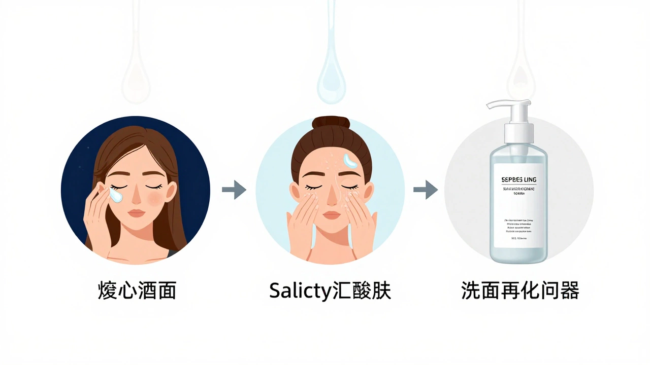 Система ухода за кожей: ретинол, салициловая кислота и мягкий очищающий гель, символизирующие лечение черных точек