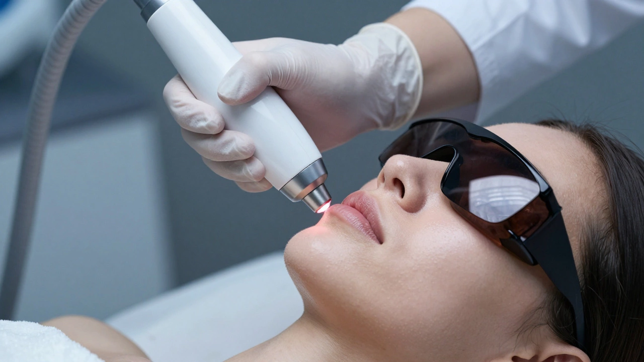 Специалист направляет лазерный луч на лицо пациента для удаления пигментации.