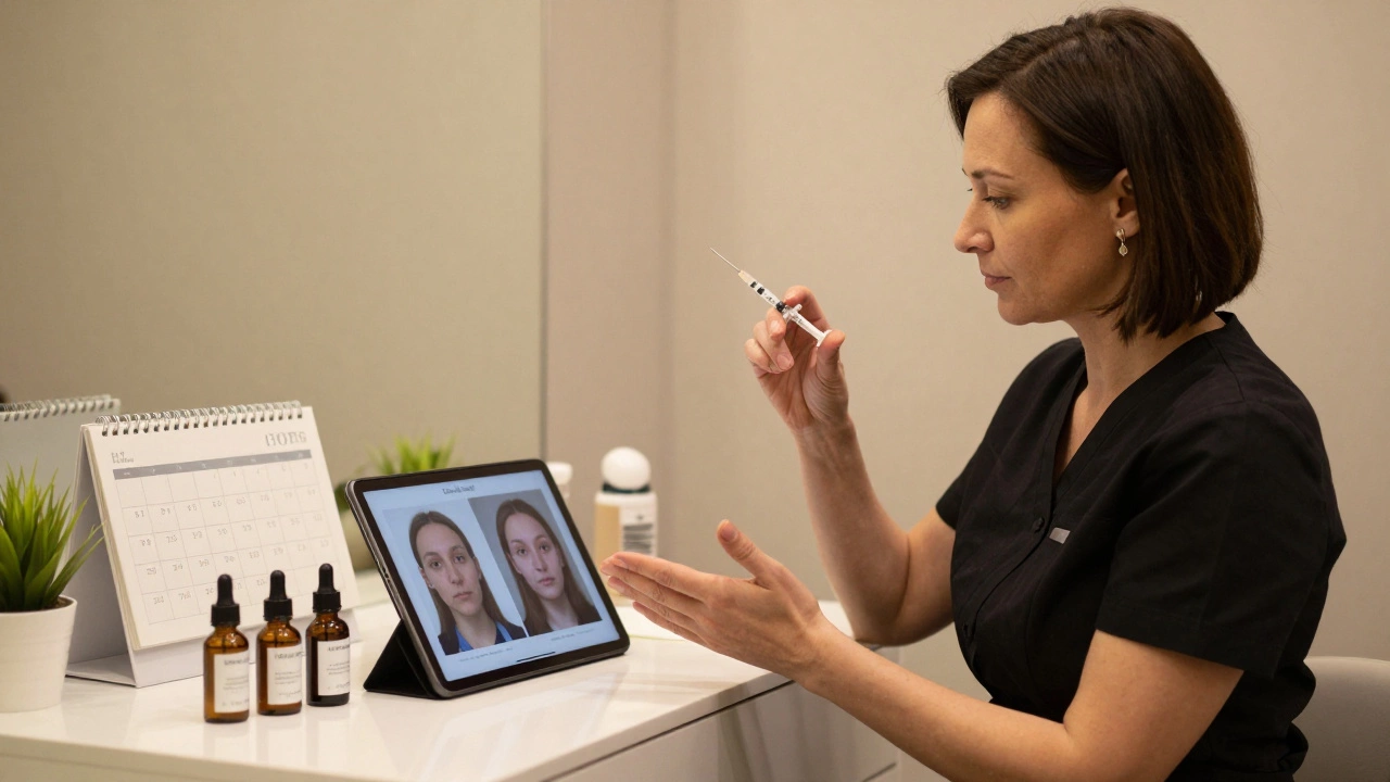 Специалист по эстетической косметологии в Москве показывает результаты клиентам