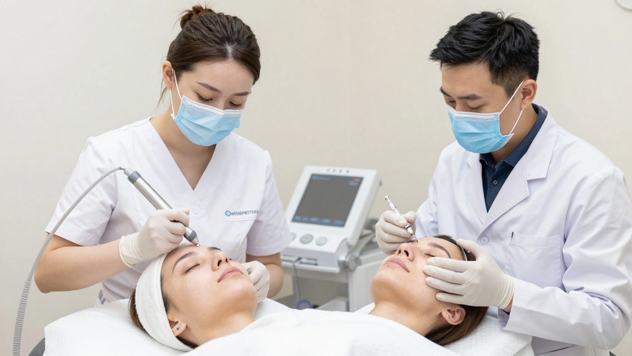 Сравнение: эстетический специалист делает безинъекционный уход, а врач — вводит филлер, показывая законные границы профессий.