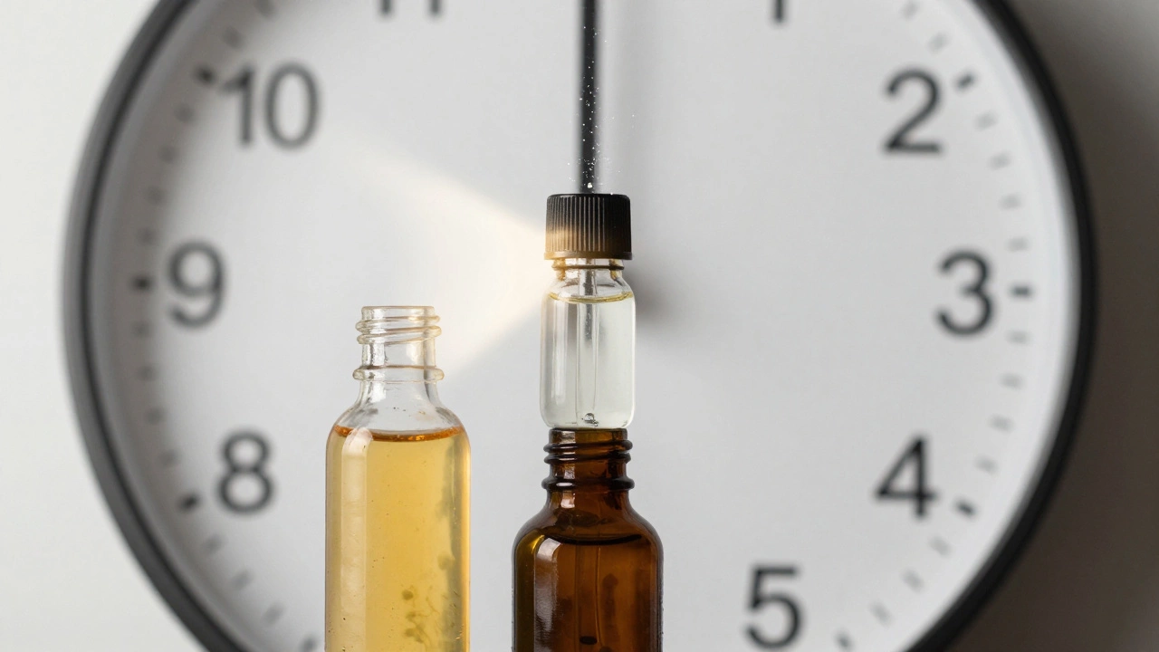 Три флакона: испорченная сыворотка, идеальная и с выделяющимися частицами, рядом — таймер, показывающий эффект через недели.