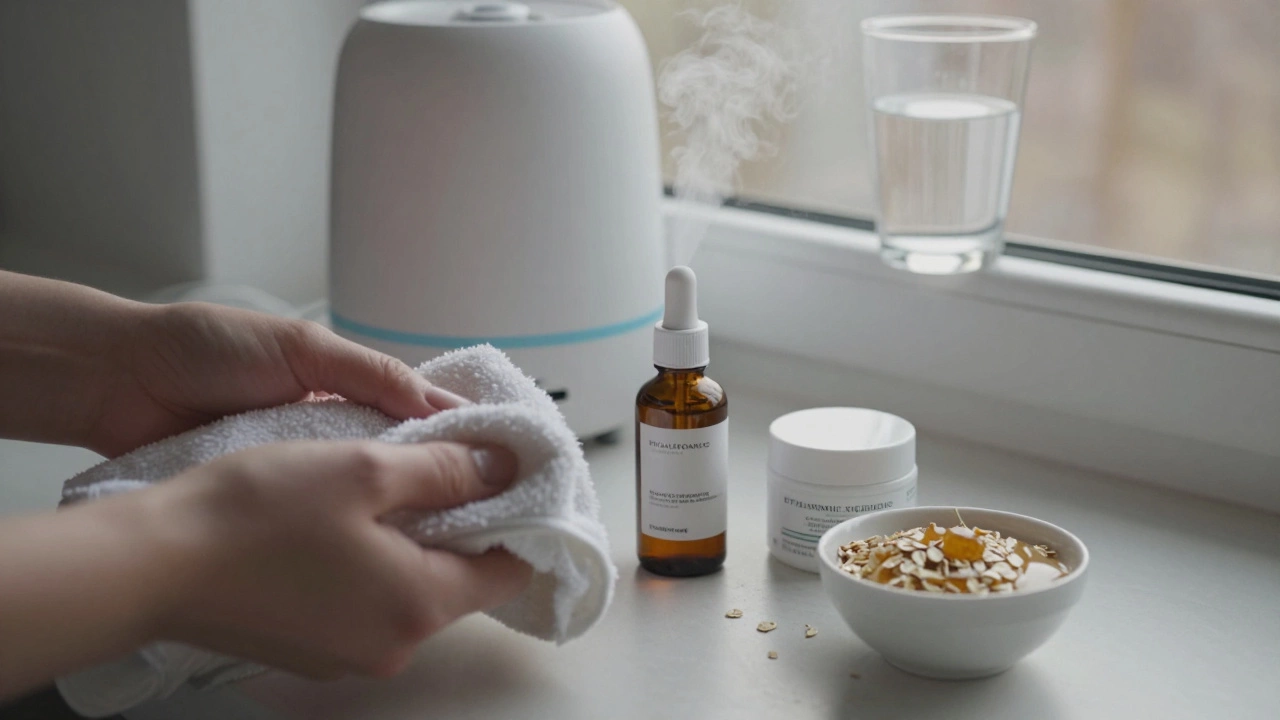 Утренний уход за кожей: сыворотка, крем и овсяная маска на фоне увлажнителя и стакана воды.